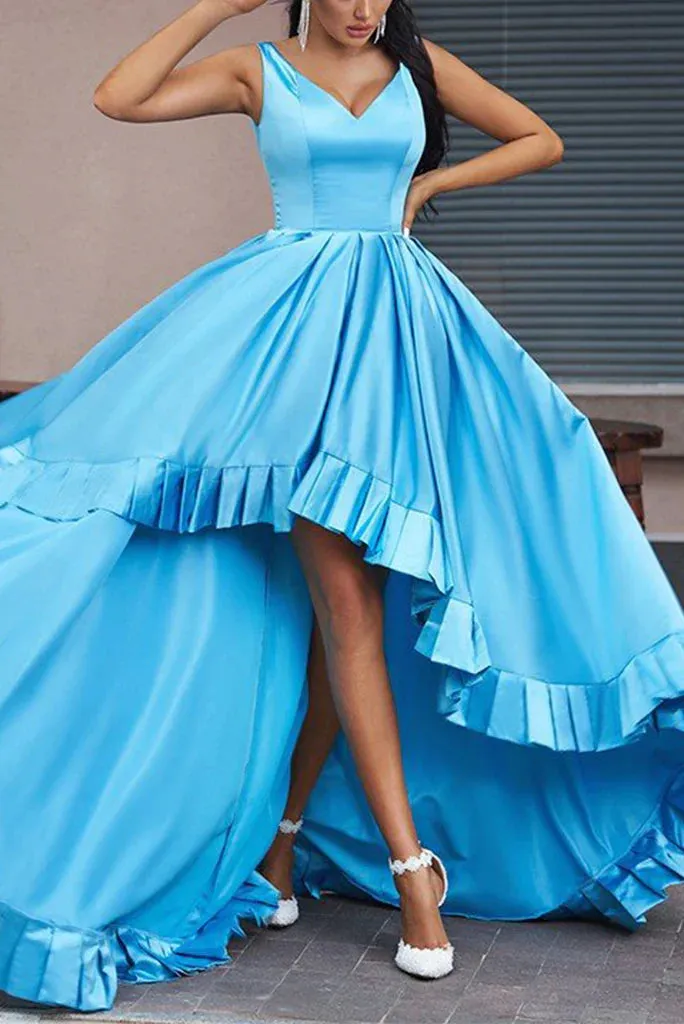 A Line Asymmetrical Straps V Neck Satin Prom Dresses
