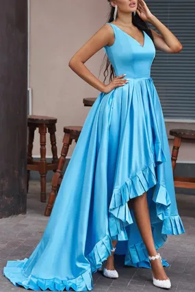A Line Asymmetrical Straps V Neck Satin Prom Dresses