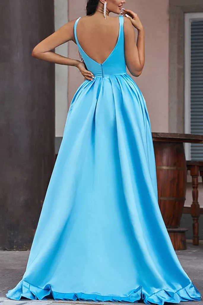 A Line Asymmetrical Straps V Neck Satin Prom Dresses