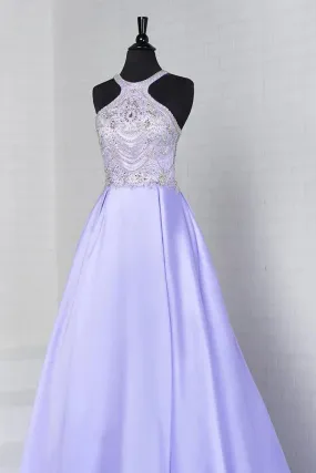 A Line Formal Dresses Scoop Satin With Beads Sweep Train