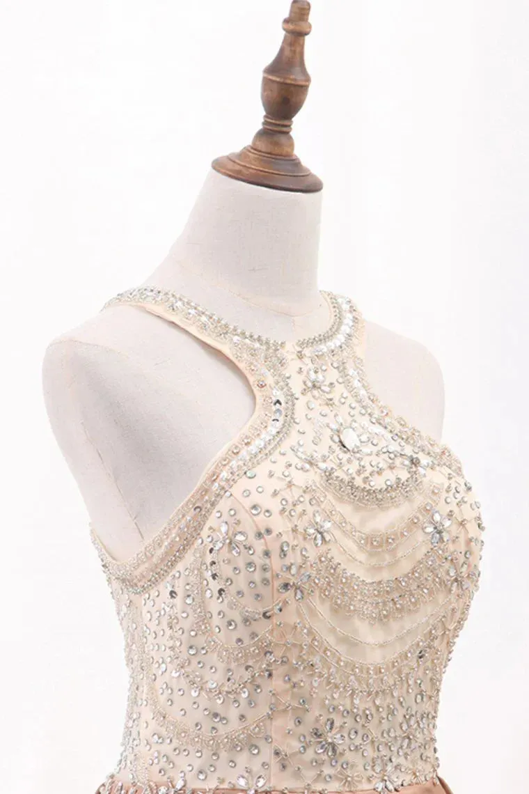 A Line Formal Dresses Scoop Satin With Beads Sweep Train