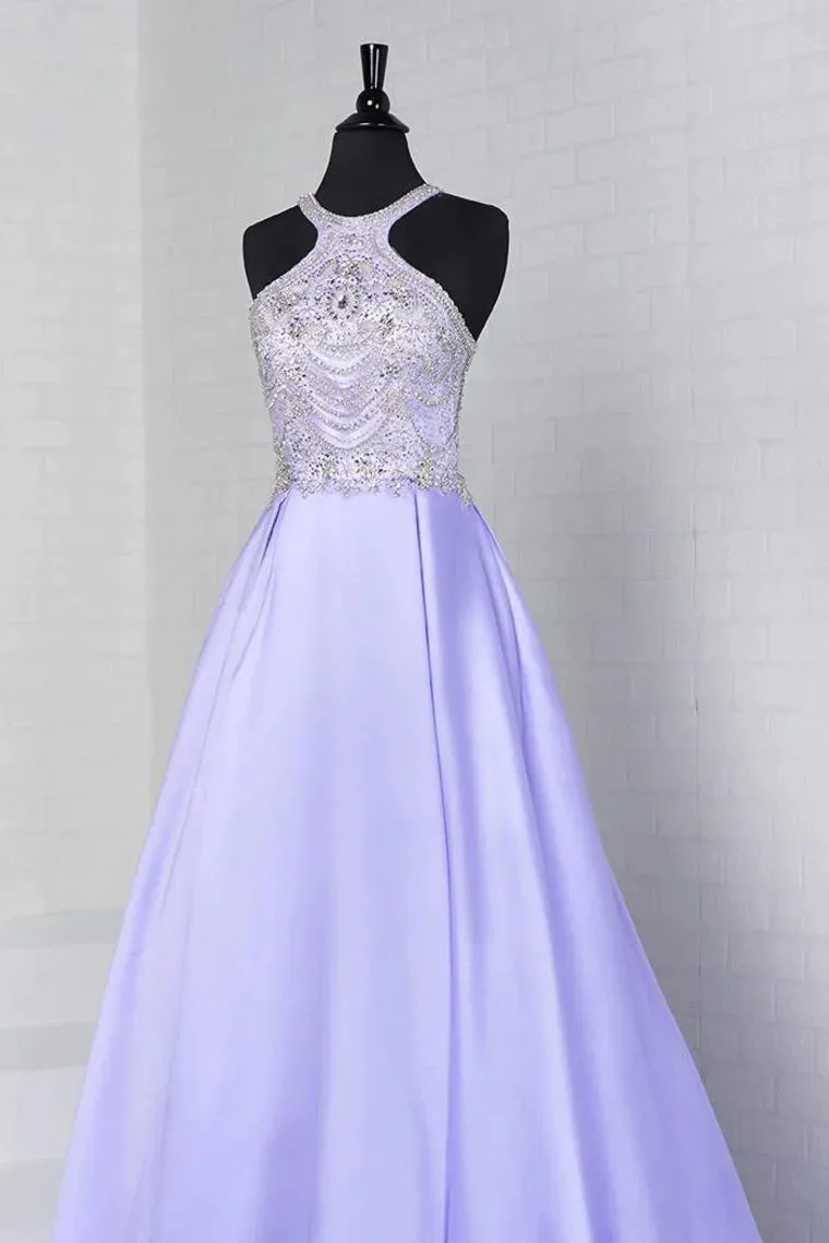 A Line Formal Dresses Scoop Satin With Beads Sweep Train
