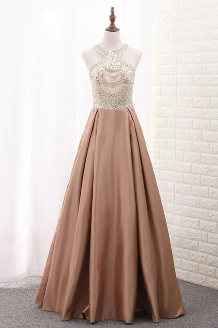 A Line Formal Dresses Scoop Satin With Beads Sweep Train