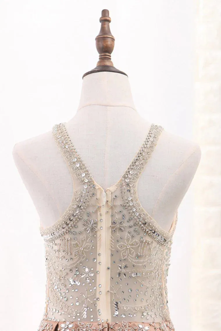 A Line Formal Dresses Scoop Satin With Beads Sweep Train