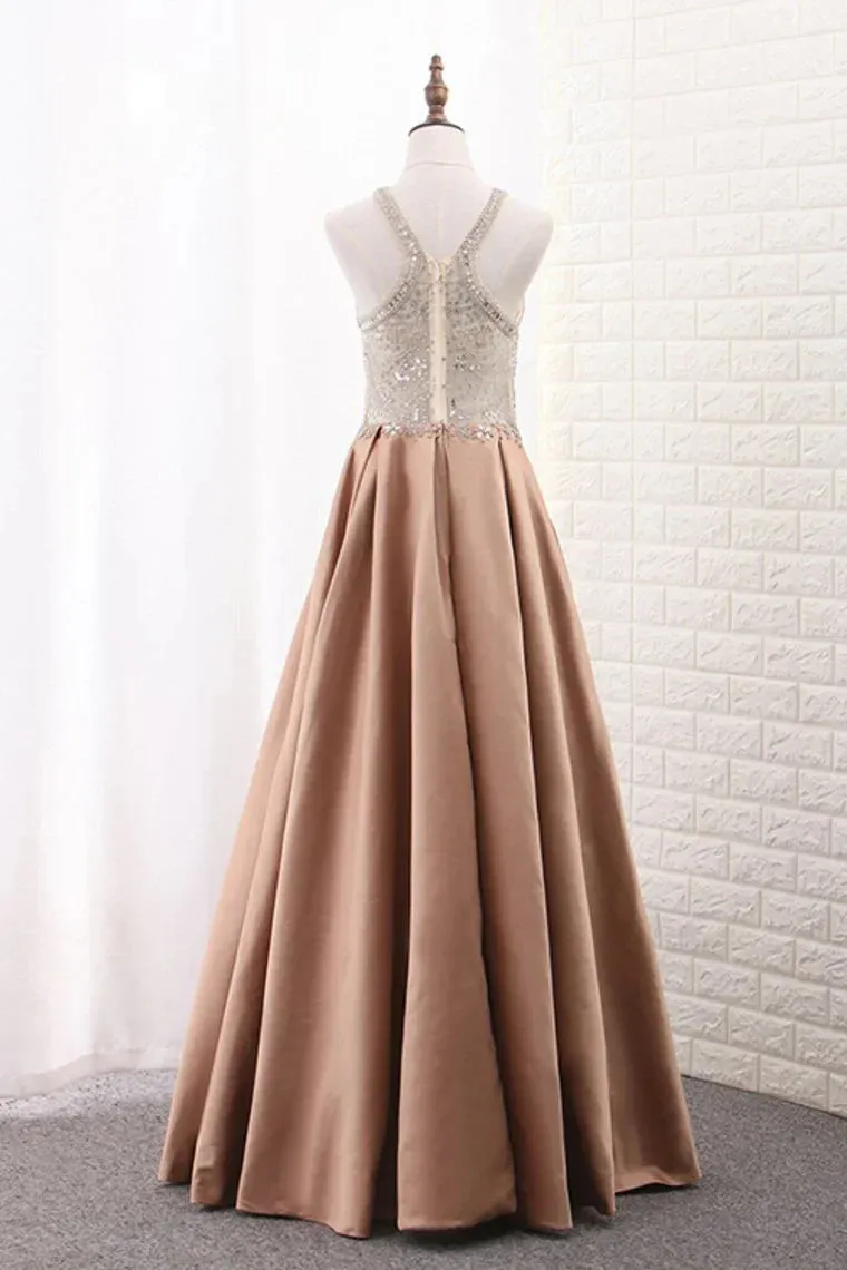 A Line Formal Dresses Scoop Satin With Beads Sweep Train