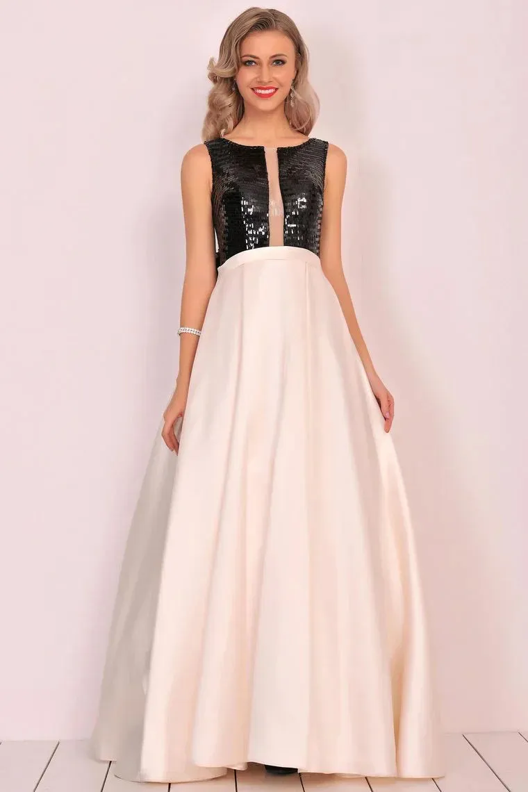 A Line Formal Dresses Scoop Satin With Sequins Bow Floor Length