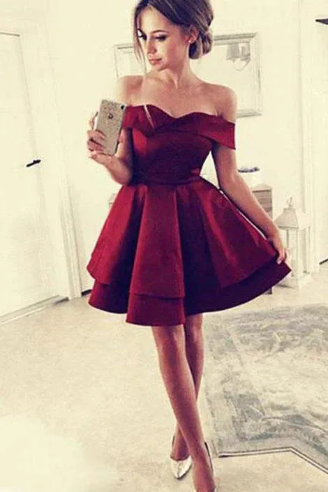 A Line Homecoming Dresses Satin Off the Shoulder Sweetheart Above Knee