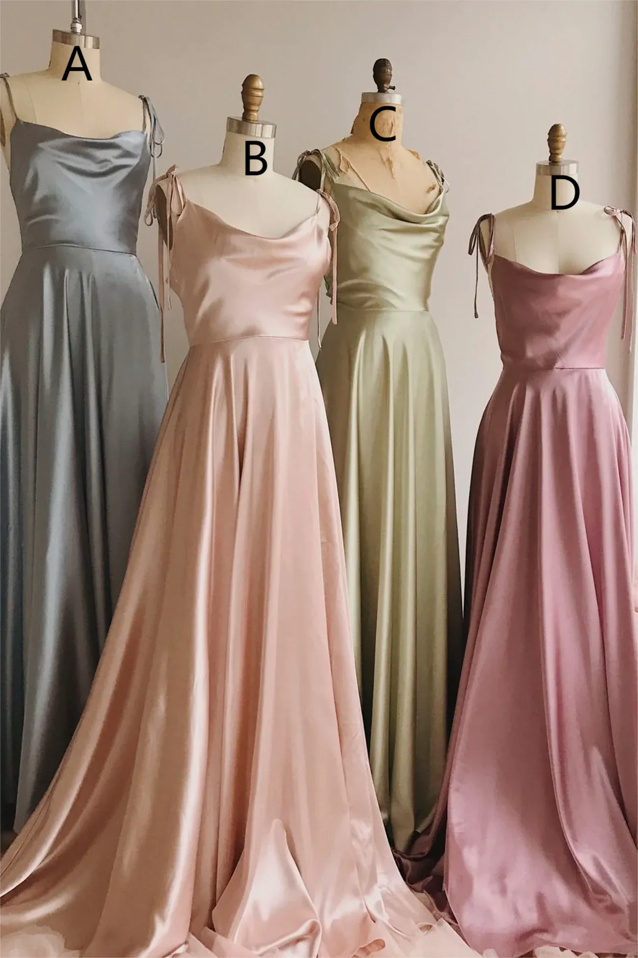 A-Line Spaghetti Straps Simple Satin Long Prom Dresses