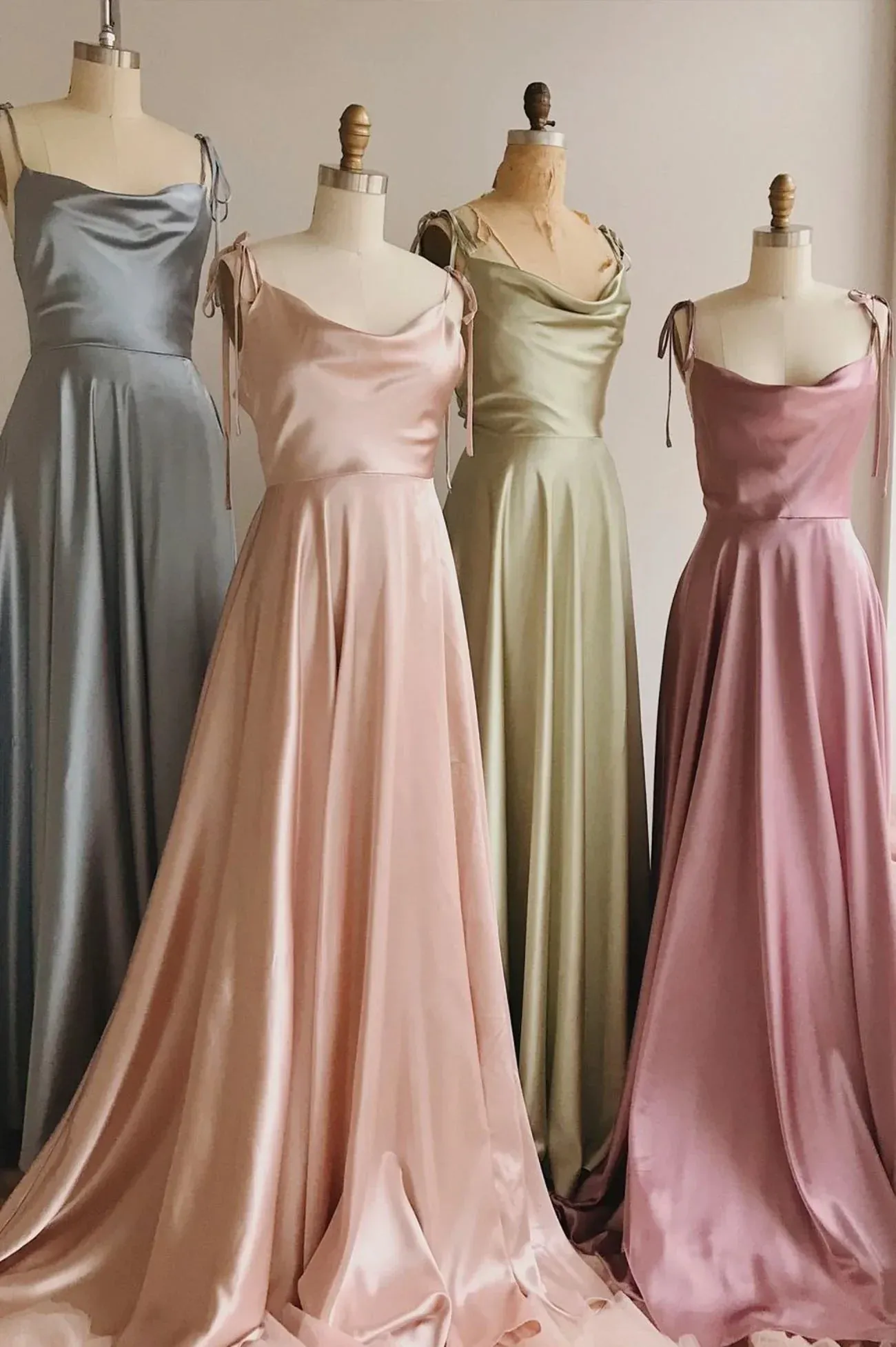 A-Line Spaghetti Straps Simple Satin Long Prom Dresses