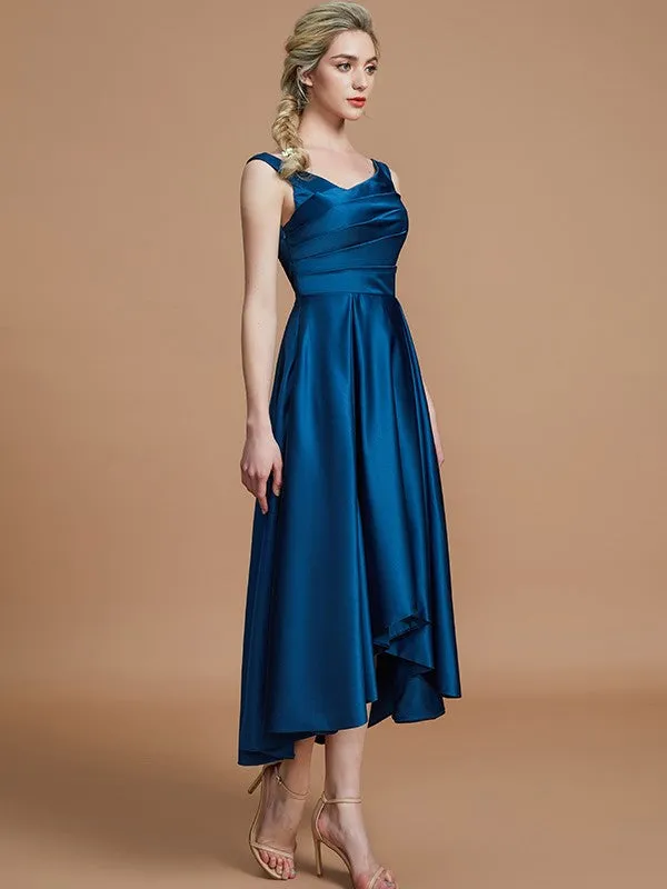 A-Line V-neck Satin Asymmetrical Sleeveless Bridesmaid Dresses