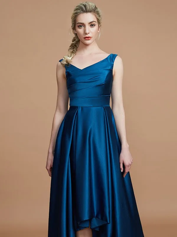 A-Line V-neck Satin Asymmetrical Sleeveless Bridesmaid Dresses