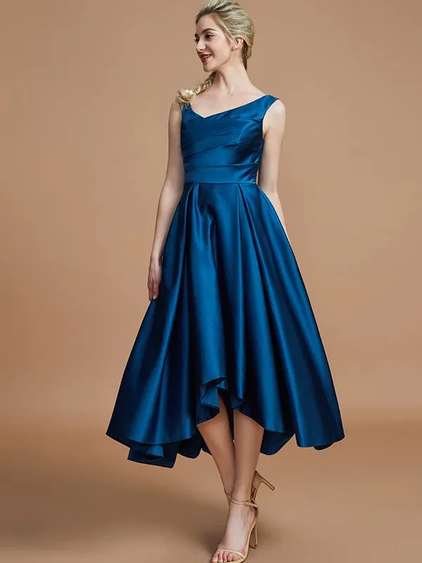 A-Line V-neck Satin Asymmetrical Sleeveless Bridesmaid Dresses