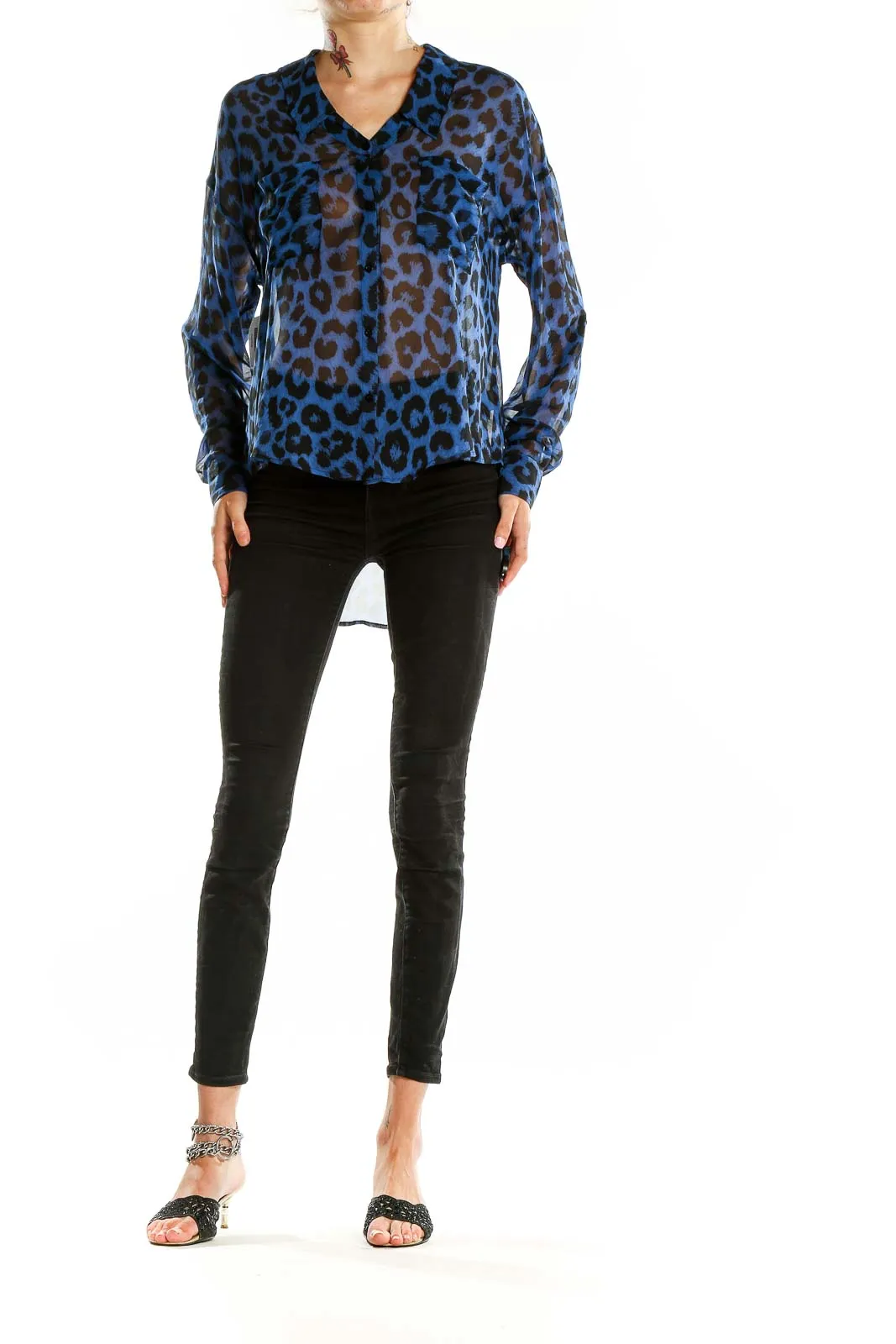 Blue Leopard Print Sheer Blouse