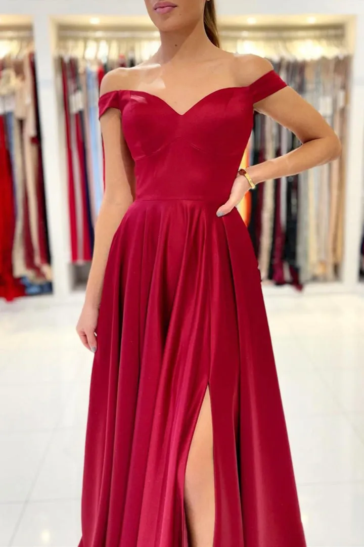 Burgundy Satin Long Prom Dresses A-Line Off the Shoulder Evening Dresses Party Dress