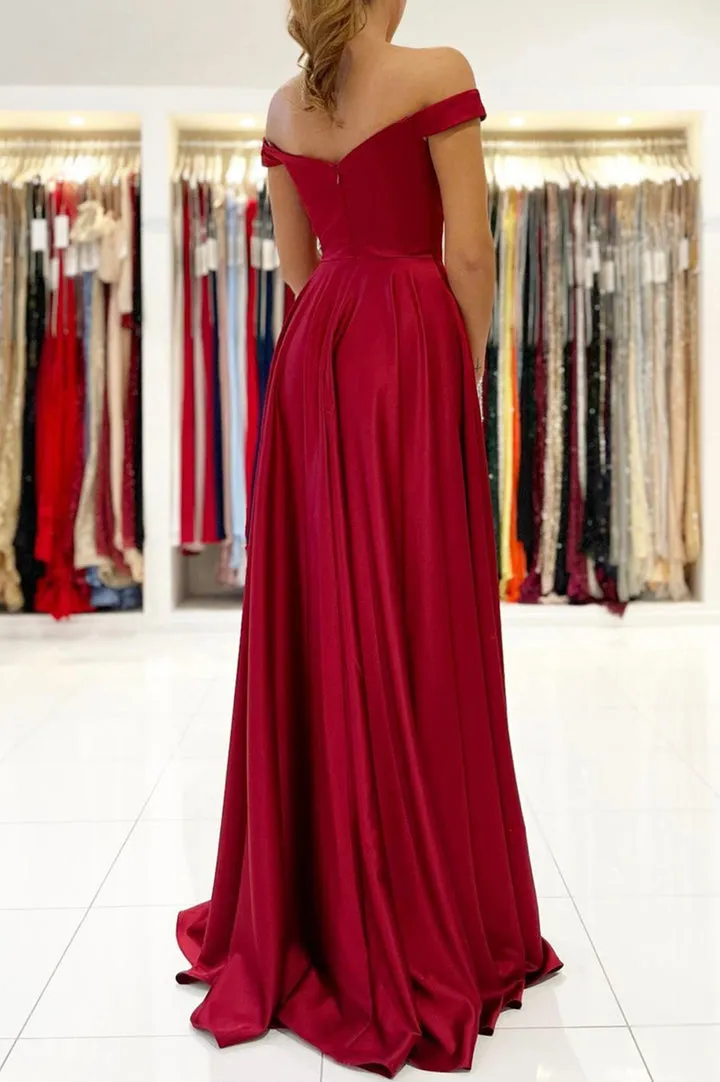 Burgundy Satin Long Prom Dresses A-Line Off the Shoulder Evening Dresses Party Dress