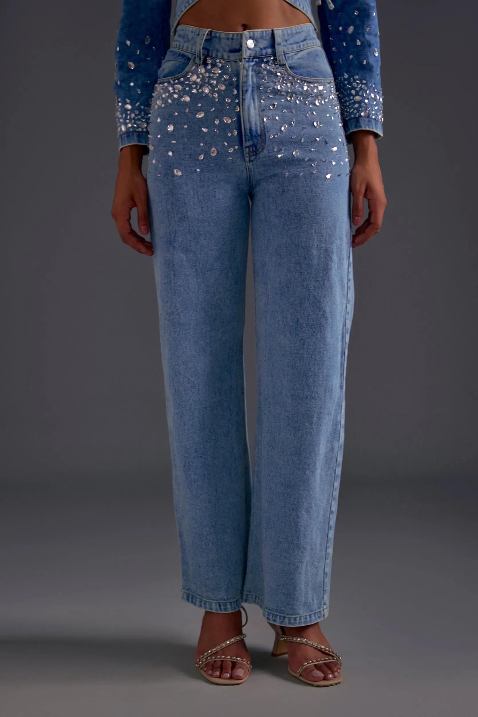 Embellished Cutout Blazer and Jeans Set