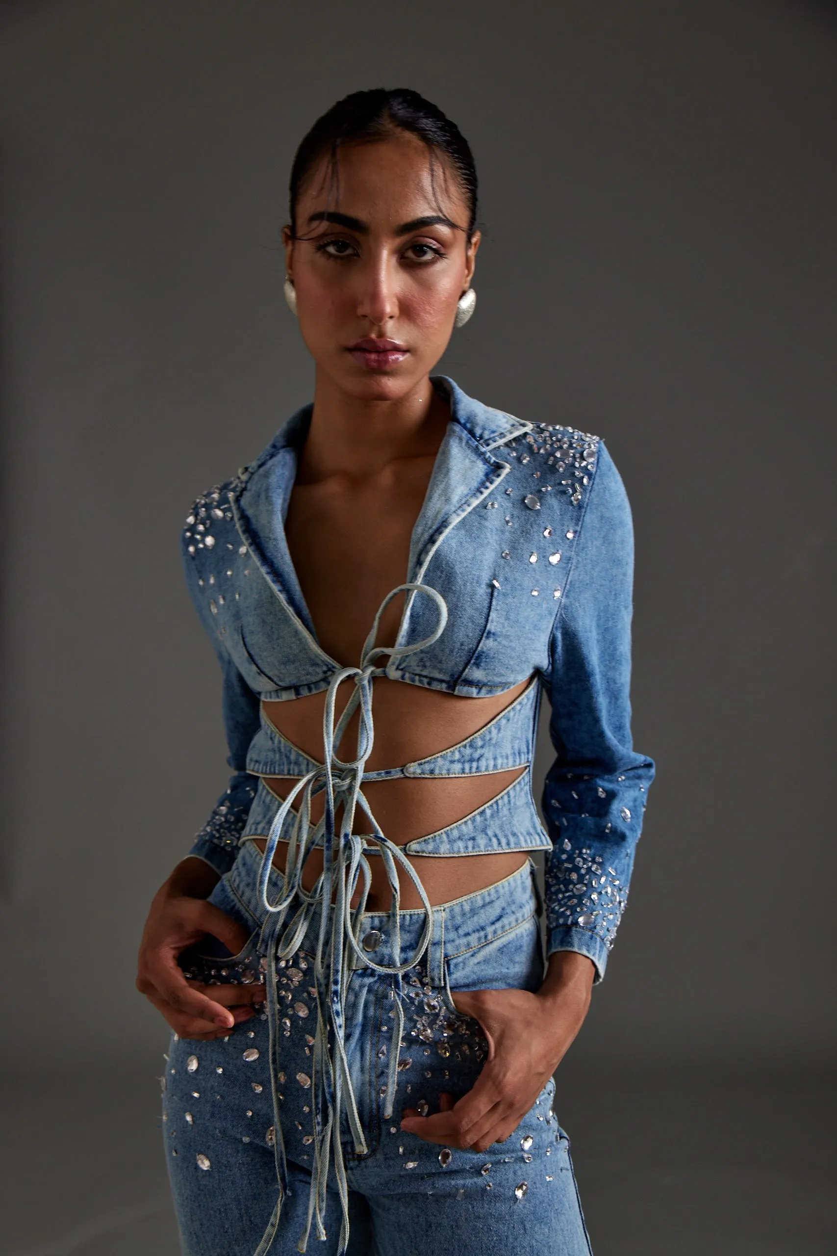 Embellished Cutout Blazer and Jeans Set