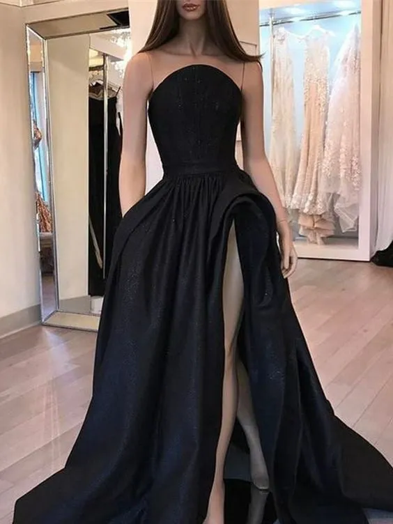 Illusion Long Black Satin Prom Dresses, High Side Slit Prom Dresses, Popular Prom Dresses