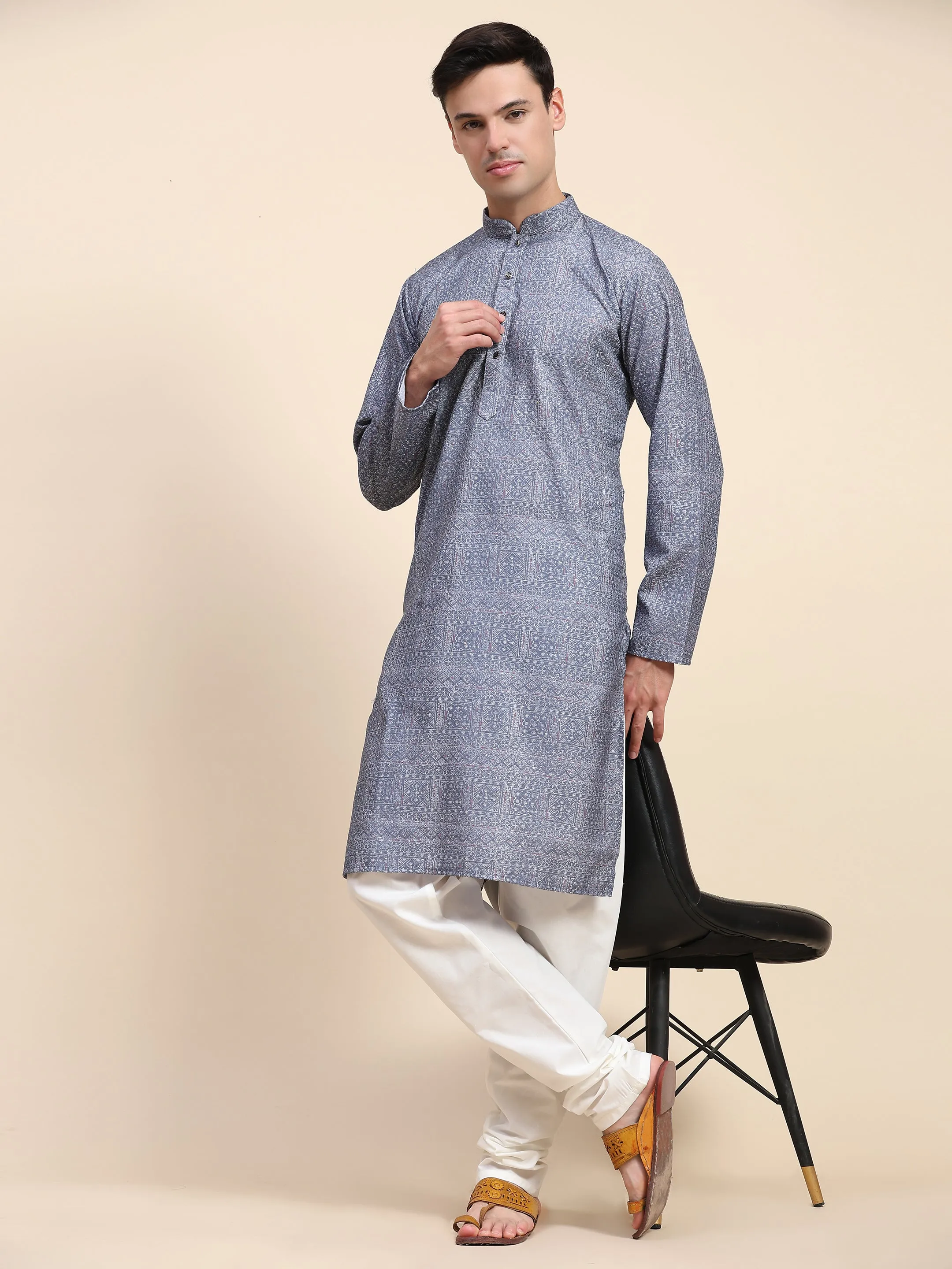 Men’s Embroidered Sequined Kurta with Pajama 2-Piece Set