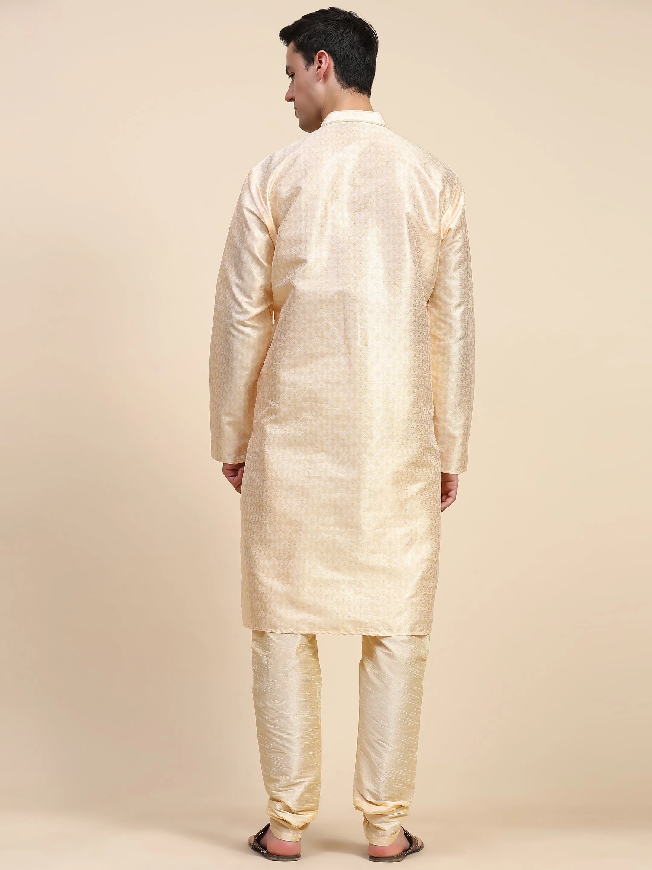 Mens Floral Woven Design Kurta Pajama Set Jacquard Silk Thread Work 2-Piece Set