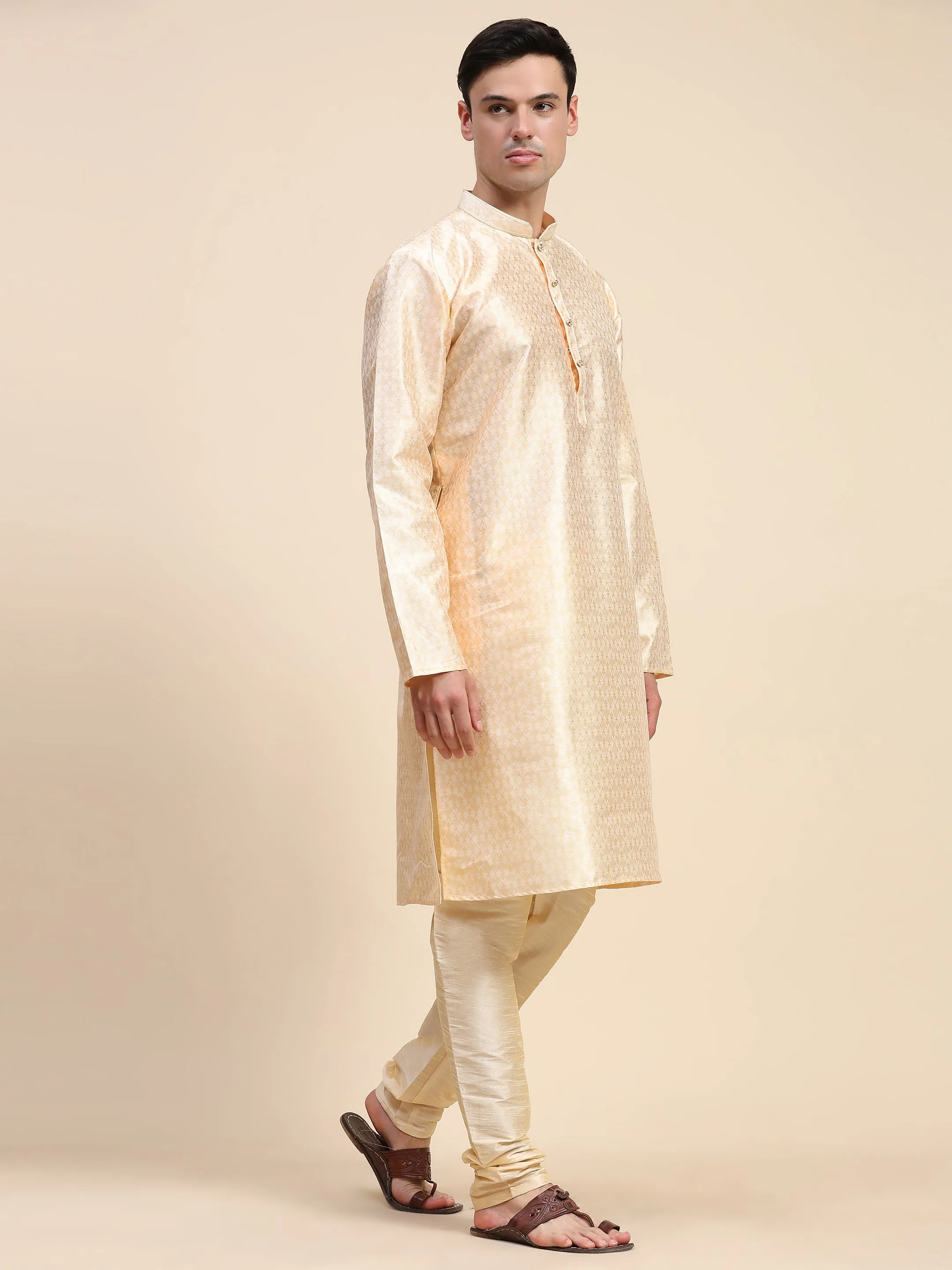 Mens Floral Woven Design Kurta Pajama Set Jacquard Silk Thread Work 2-Piece Set