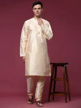 Mens Floral Woven Design Kurta Pajama Set Jacquard Silk Thread Work 2-Piece Set