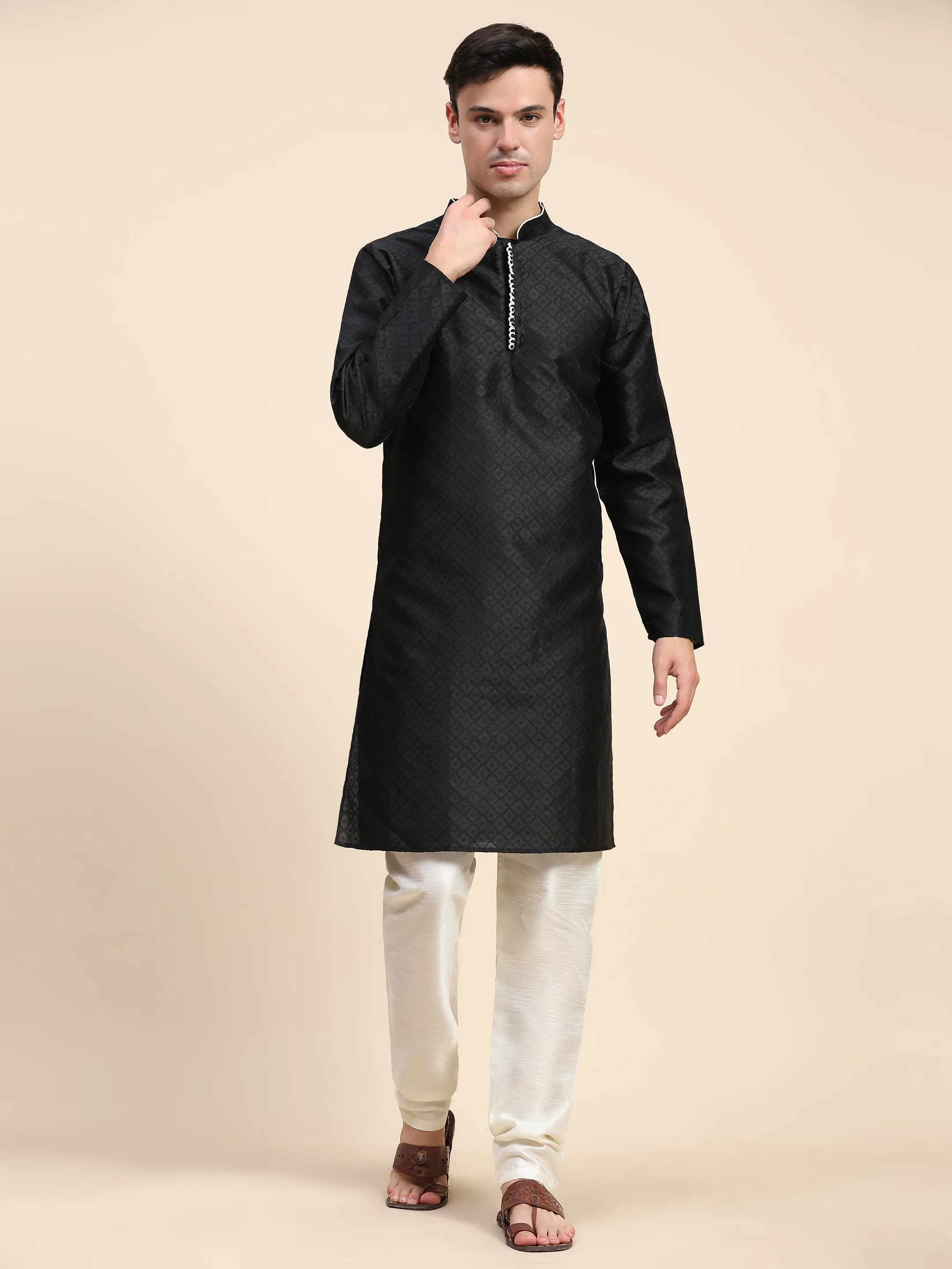 Mens Jacquard Silk Kurta Pajama Set with Scarf Ethnic Motifs 3-Piece Set