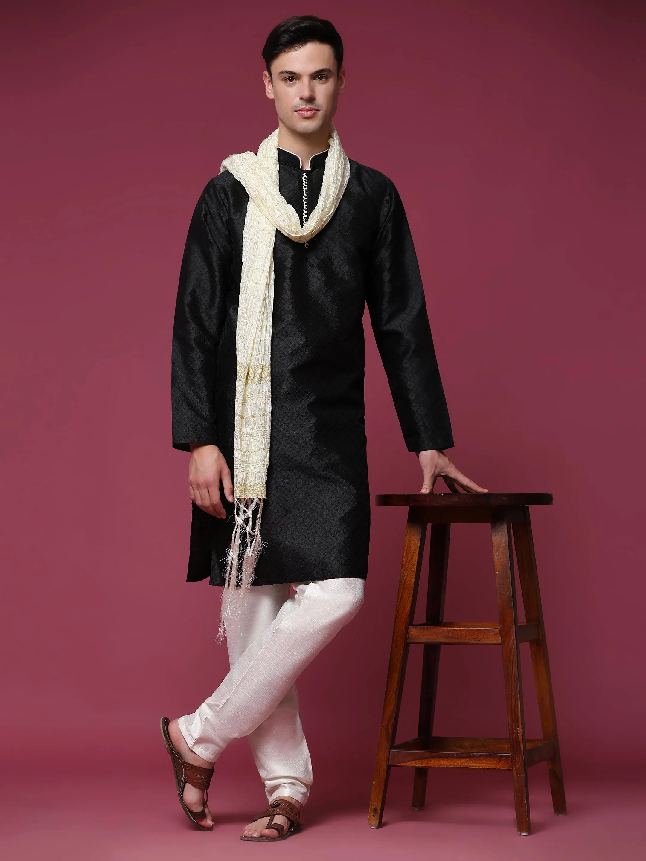 Mens Jacquard Silk Kurta Pajama Set with Scarf Ethnic Motifs 3-Piece Set