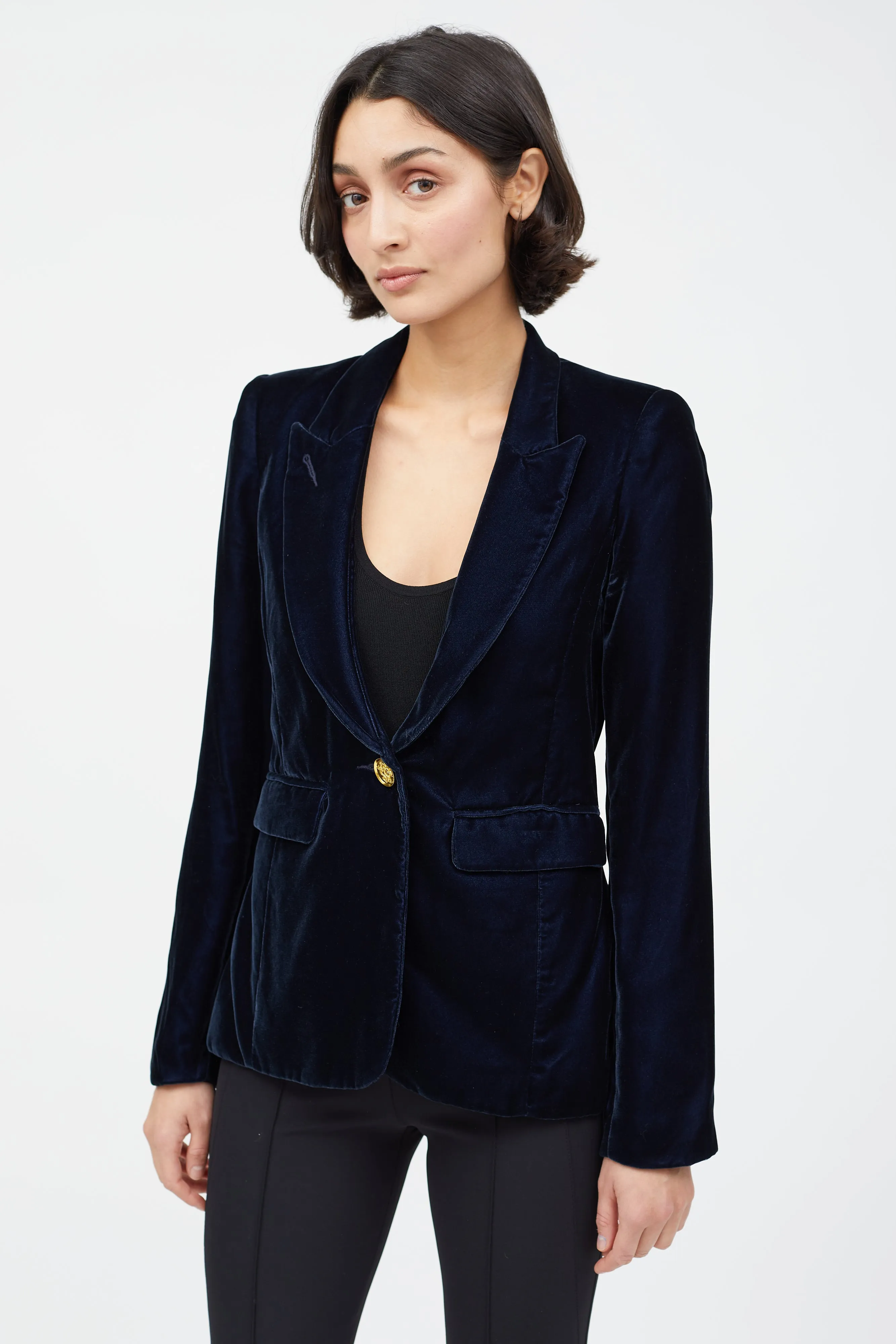 Navy Velvet Single Button Blazer
