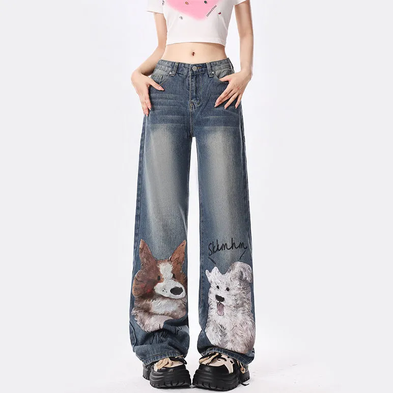 Puppy-print American high-waisted loose straight-leg jeans
