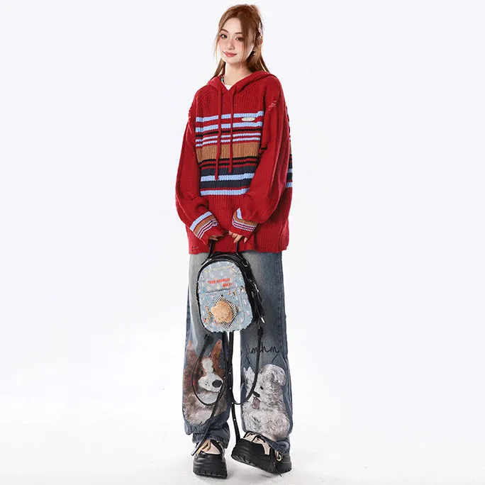 Puppy-print American high-waisted loose straight-leg jeans