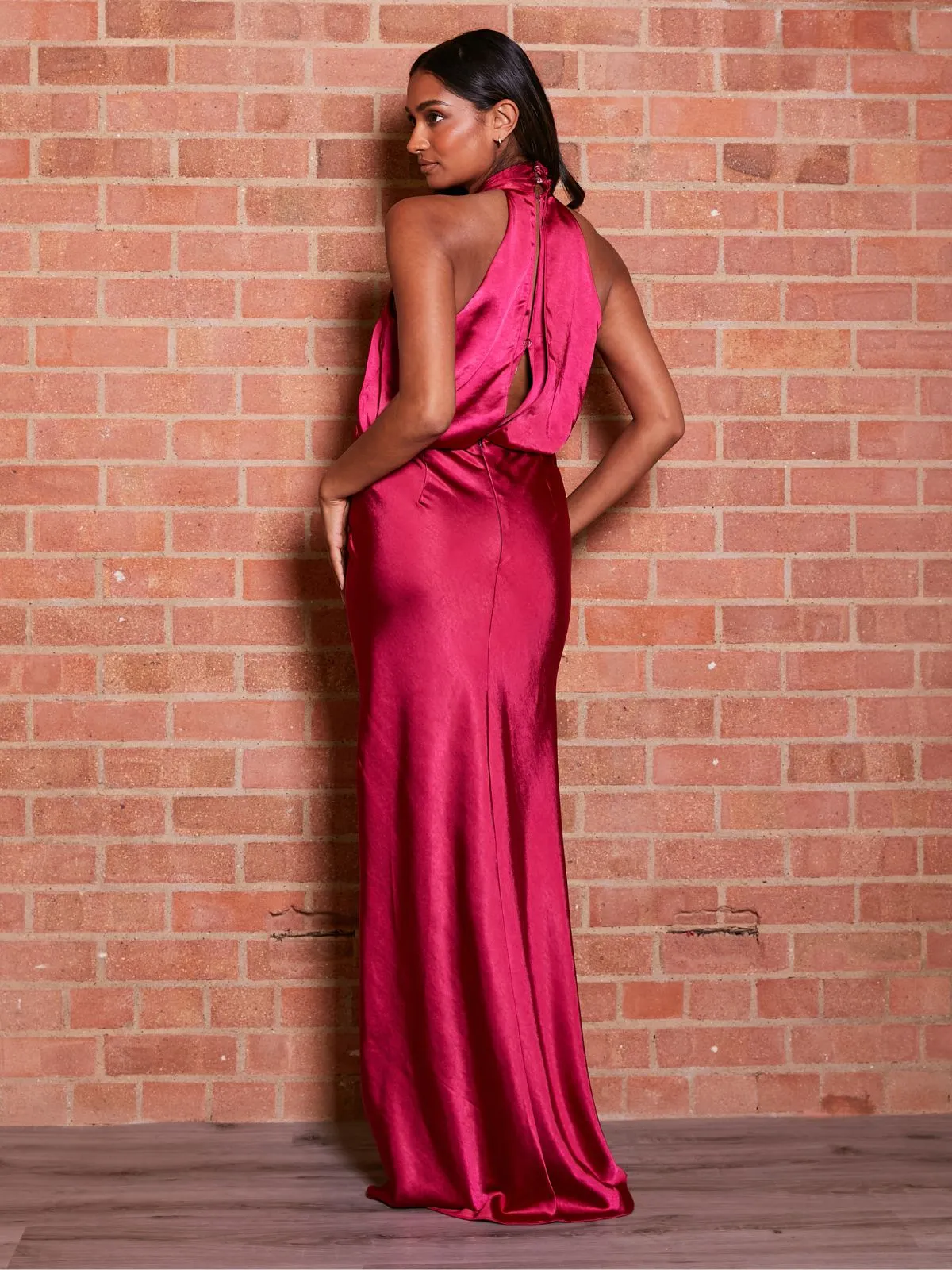 Twist Neck Satin Maxi Dress / Claret