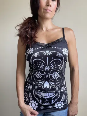 White Flower Sugar Skull Sheer Skull Lace Back Stretchy cami Tank Top, extra long