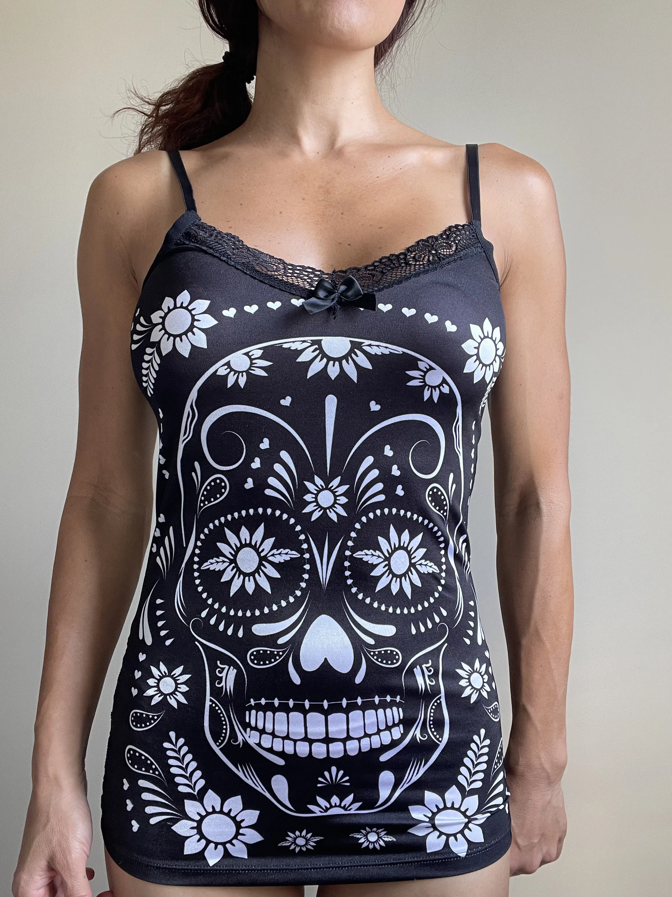 White Flower Sugar Skull Sheer Skull Lace Back Stretchy cami Tank Top, extra long