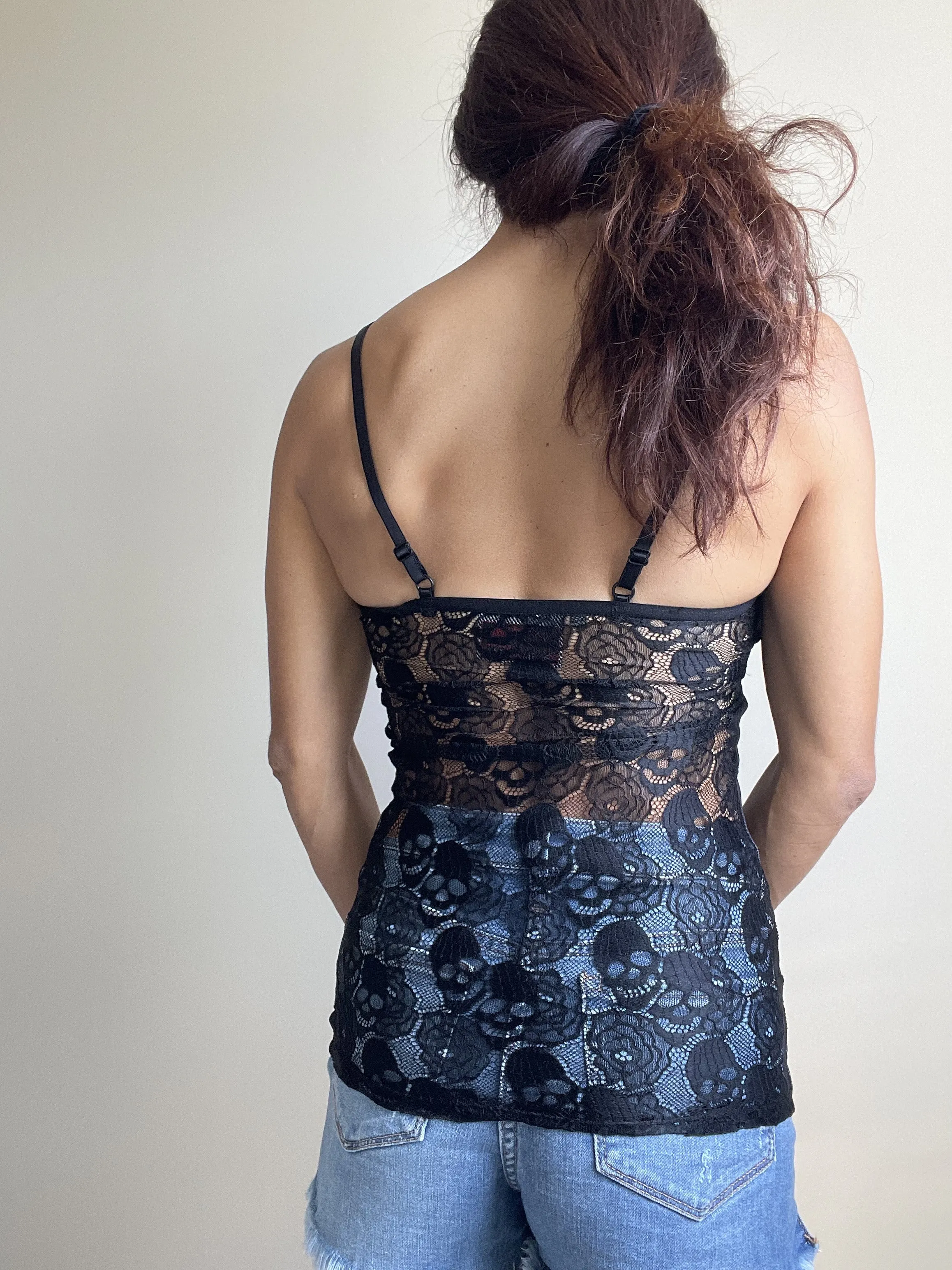 White Flower Sugar Skull Sheer Skull Lace Back Stretchy cami Tank Top, extra long