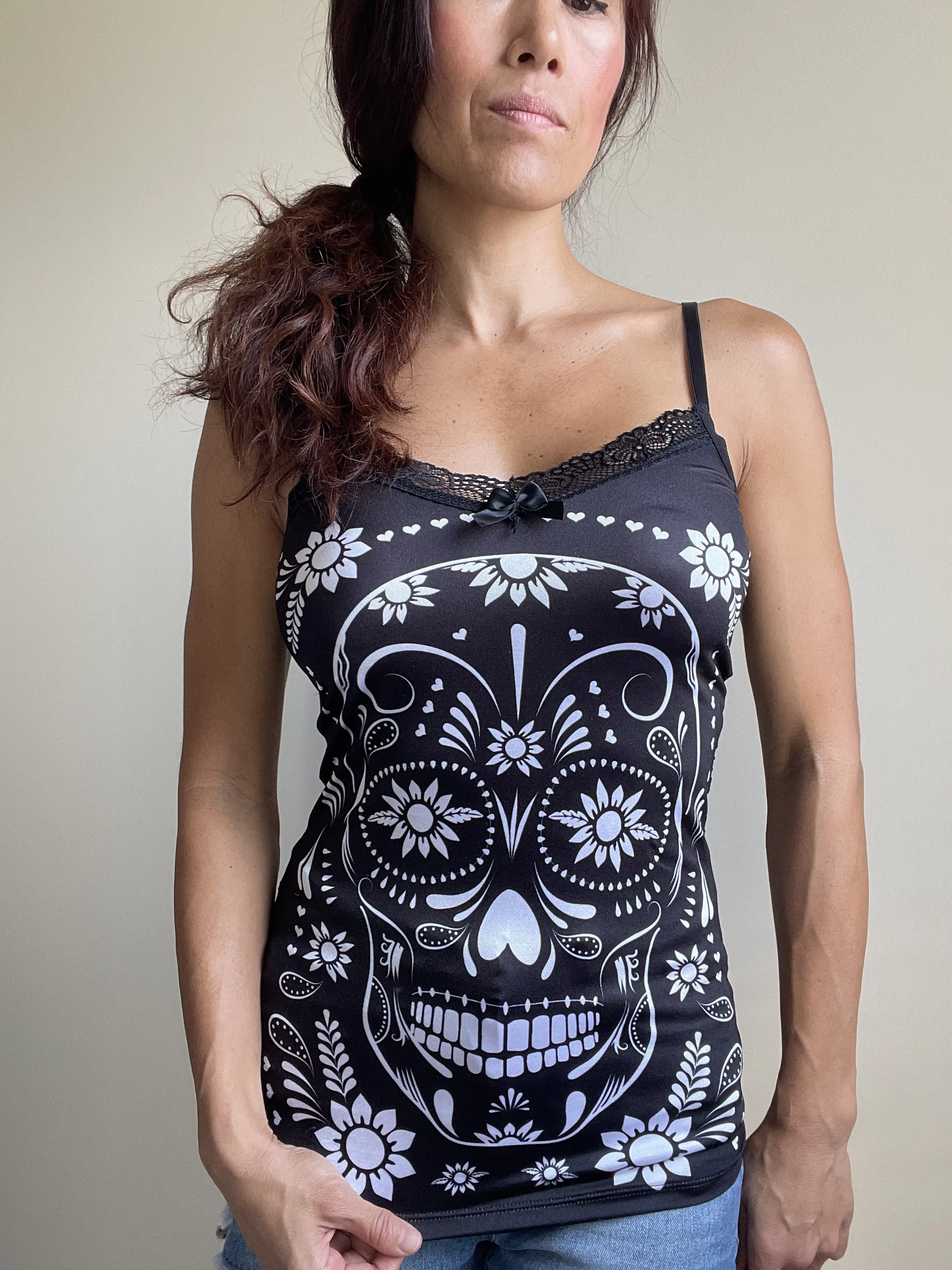 White Flower Sugar Skull Sheer Skull Lace Back Stretchy cami Tank Top, extra long
