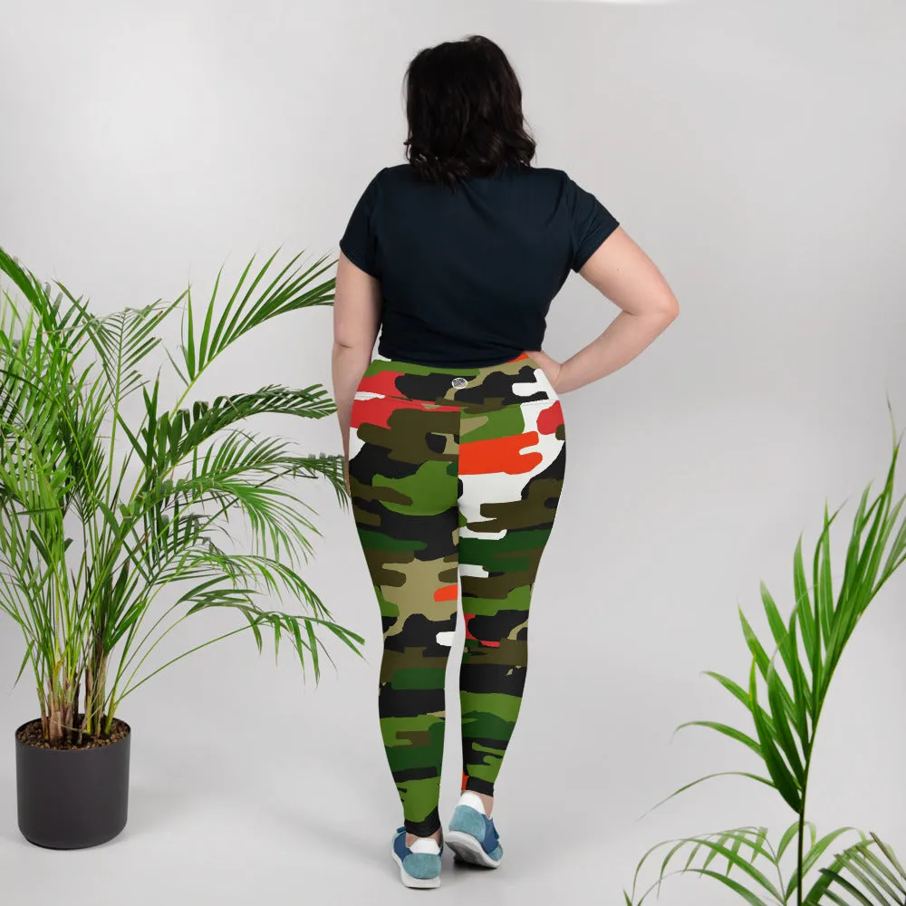 White Orange Green Camo Tights, Military Print Women's Tights Plus Size Leggings - Made in USA/MX/EU