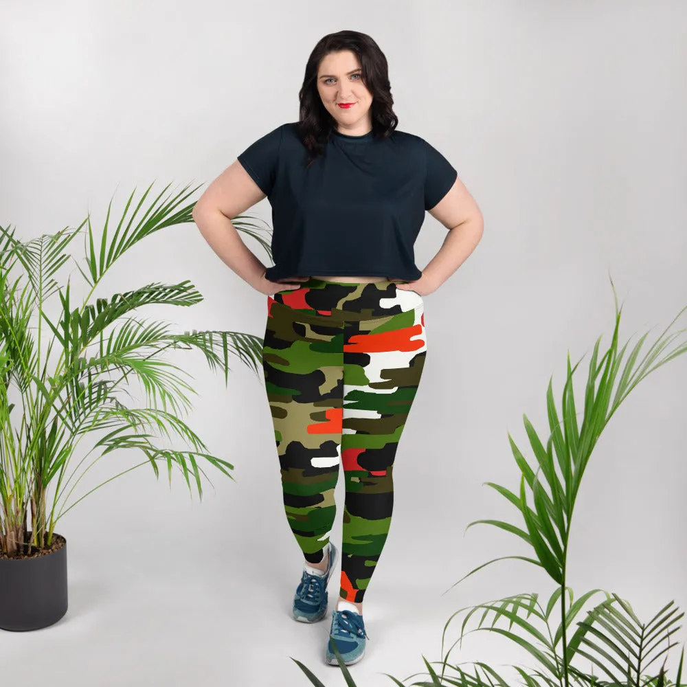 White Orange Green Camo Tights, Military Print Women's Tights Plus Size Leggings - Made in USA/MX/EU