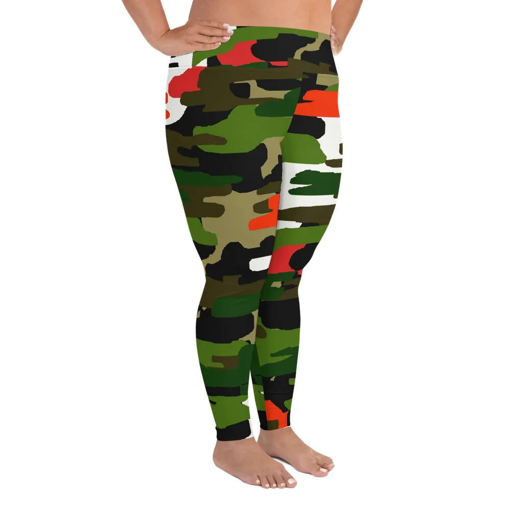 White Orange Green Camo Tights, Military Print Women's Tights Plus Size Leggings - Made in USA/MX/EU