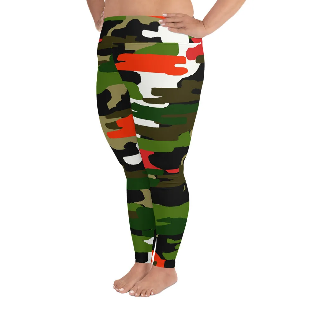 White Orange Green Camo Tights, Military Print Women's Tights Plus Size Leggings - Made in USA/MX/EU