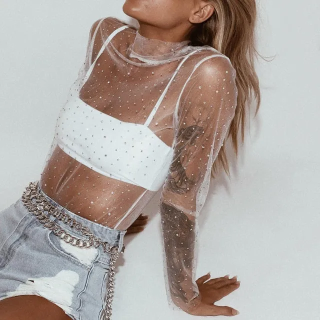 Women's Sheer Mesh Sequin Top